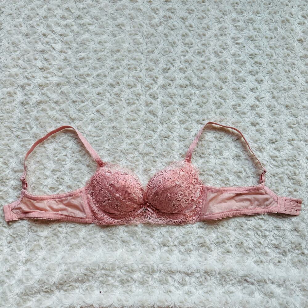 Lace Push Up Padded Coral Pink Diamond Like Stone Bra Size 34A